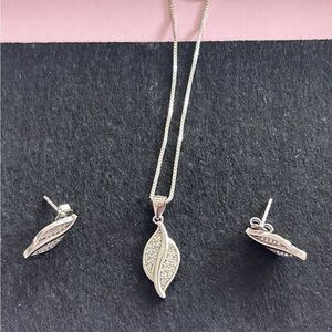 Sterling Silver Leaf Pendant Necklace and Stud Earrings Set